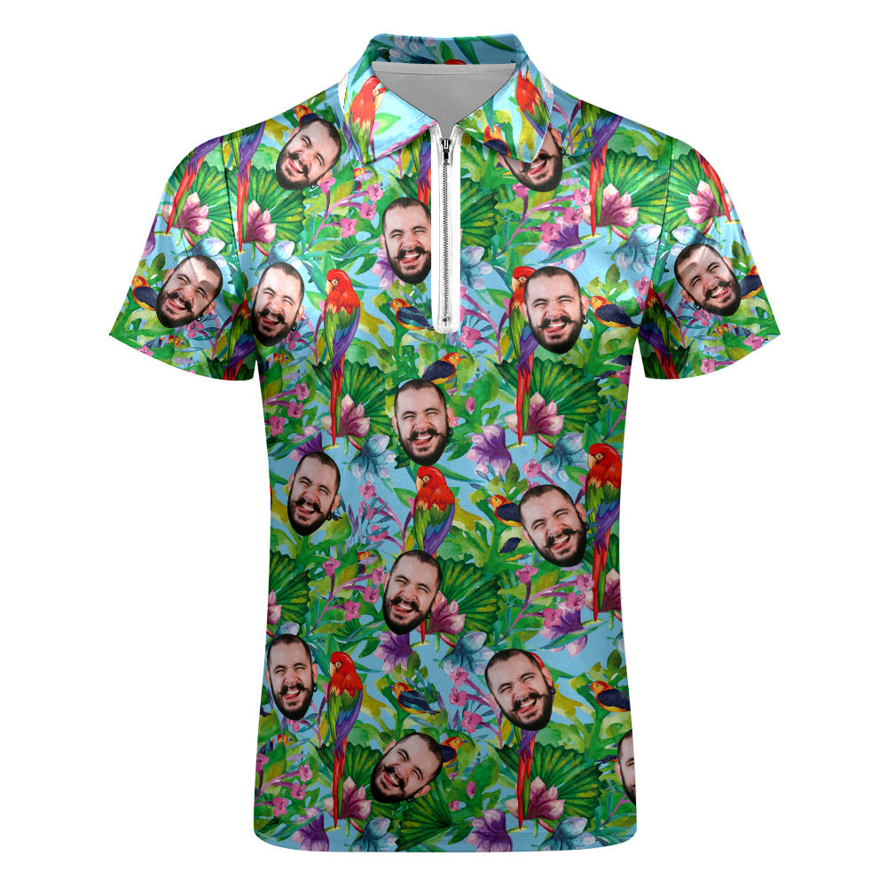 Custom Polo Shirt with Zipper Personalized Face Hawaiian Style Men's Polo Shirt for Him