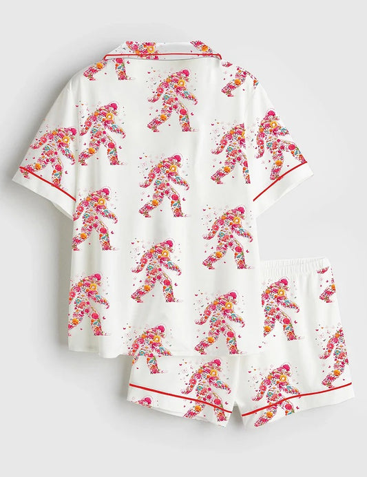 Women’s Big Foot Cute Floral Big Foot Adventure Nature Lover Print Short Sleeve Satin Pajama Set
