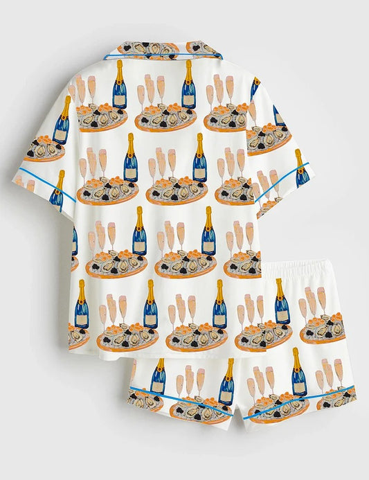Women's Champagne Glasses Caviar Short Sleeve Satin Pajama Set