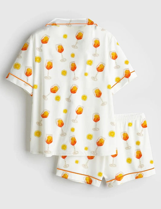 Women's Apawrol Spritz Aperol Spritz Trio Orange Drinks Bottle Wine Short Sleeve Satin Pajama Set