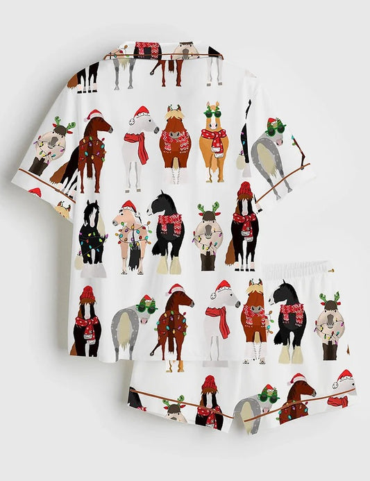 Women's Funny Horse Christmas Short Sleeve Satin Pajama Set