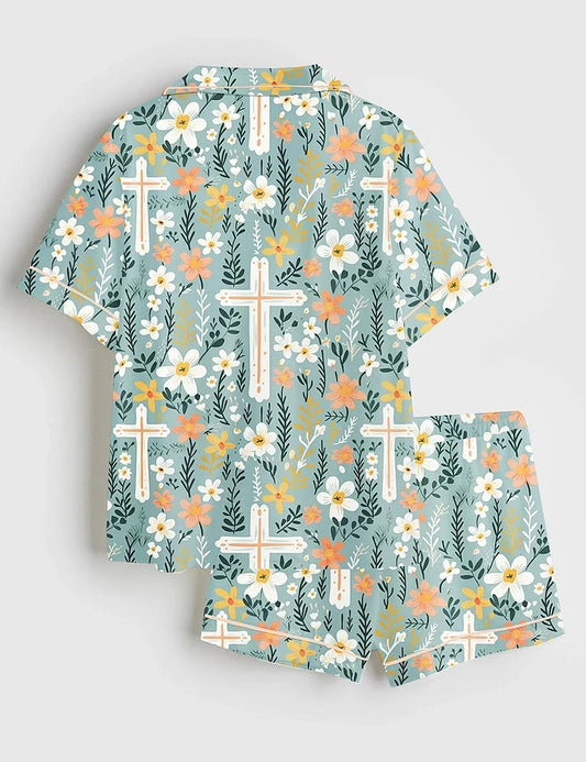 Women's Christian Cross Easter Short Sleeve Satin Pajama Set