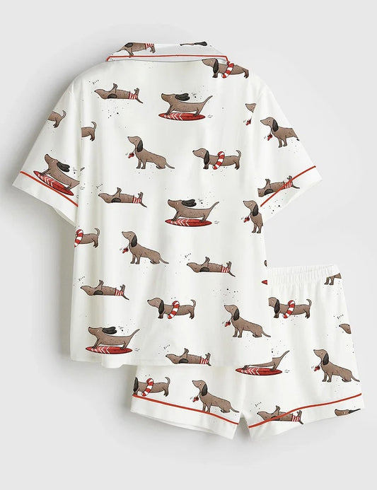 Women’s Dachshund Cute Dog Summer Print Short Sleeve Satin Pajama Set