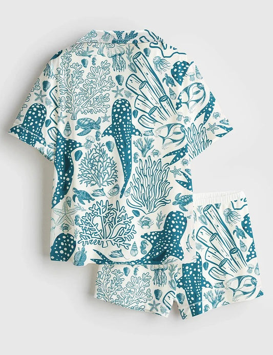 Women’s Whale Shark Coral Reef Ocean Coastal Marine Summer Beach Vibes Print Short Sleeve Satin Pajama Set