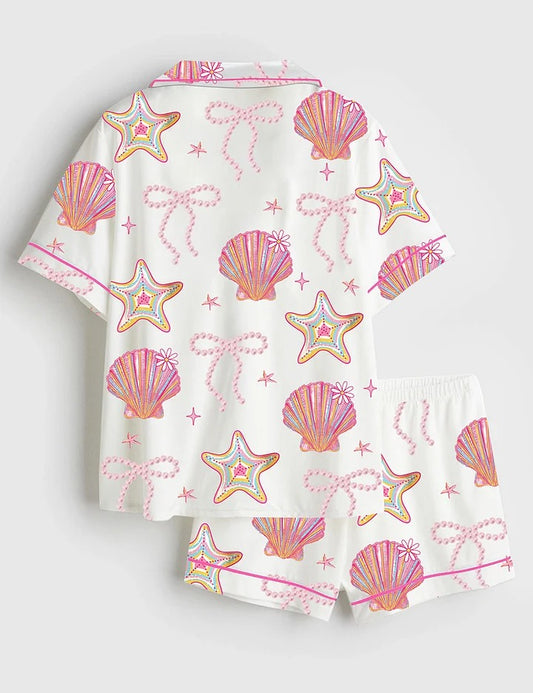 Women’s Summer Clam Coquette Bow Summer Vibes Pink Clam Summer Beach Short Sleeve Satin Pajama Set