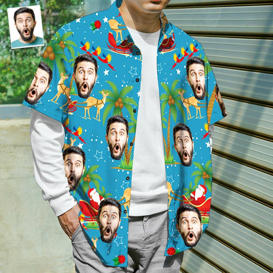 Léine Aghaidh Chustaim Grianghraf Pearsantaithe Léine Haváís na bhFear Bronntanas Nollag - Daidí na Nollag agus Elk