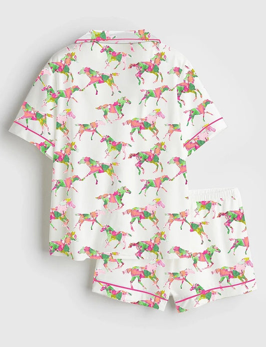 Women’s Watercolor Rose Derby Day Western Short Sleeve Satin Pajama Set