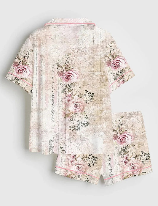 Women’s Vintage Floral Pink Rose Print Short Sleeve Satin Pajama Set