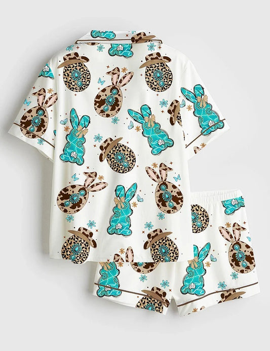 Women's Western Cowgirl Easter Bunny Short Sleeve Satin Pajama Set