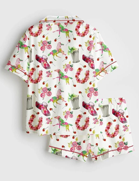 Women's Kentucky Derby Western Horse Pattern Short Sleeve Satin Pajama Set