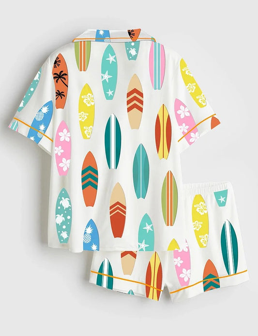 Women’s Surfboard Beach Wave Hawaii Surf Summer Beach Life Print Short Sleeve Satin Pajama Set