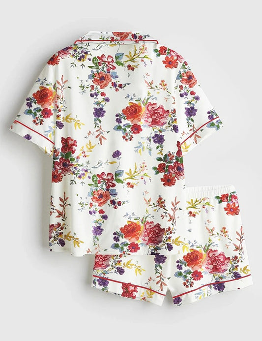 Women’s Beautiful Floral Bouquet Short Sleeve Satin Pajama Set