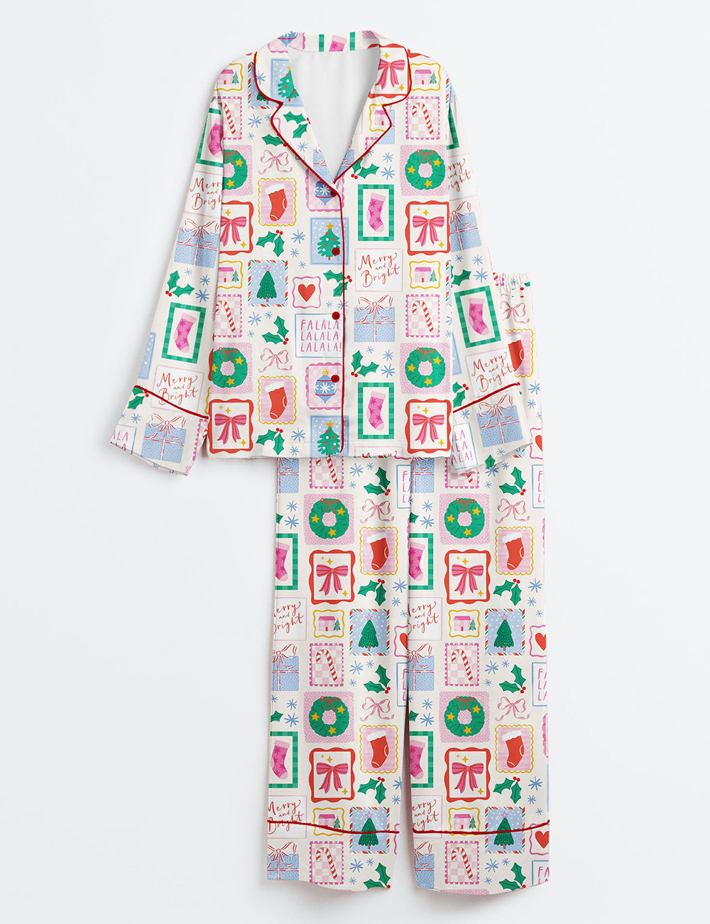 Women’s Hand Drawn Postage Stamp Coquette Christmas Long Sleeve Satin Pajama Set