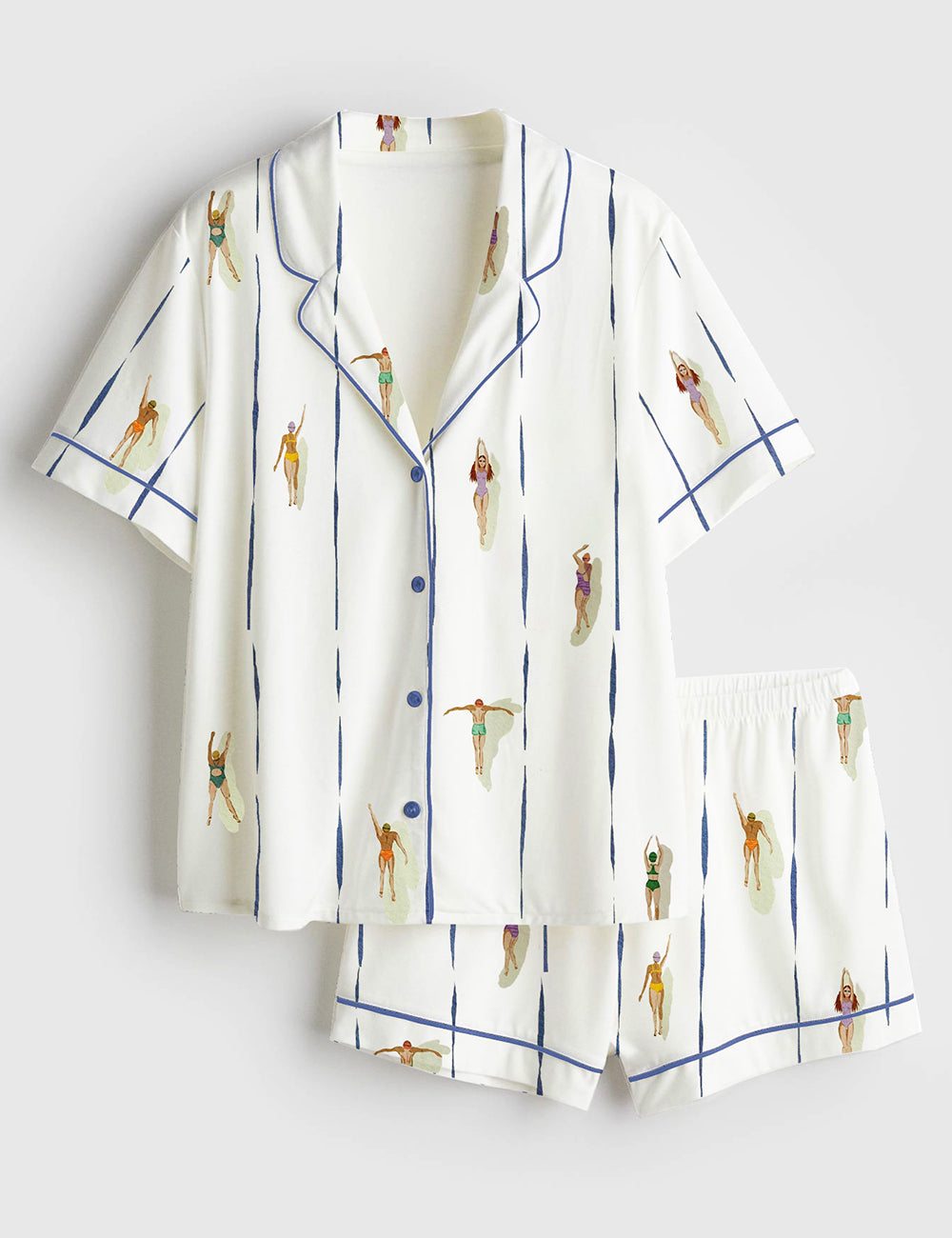 Women’s People Swimming In Pool Summer Minimalist Tiny Swimmers Print Short Sleeve Satin Pajama Set