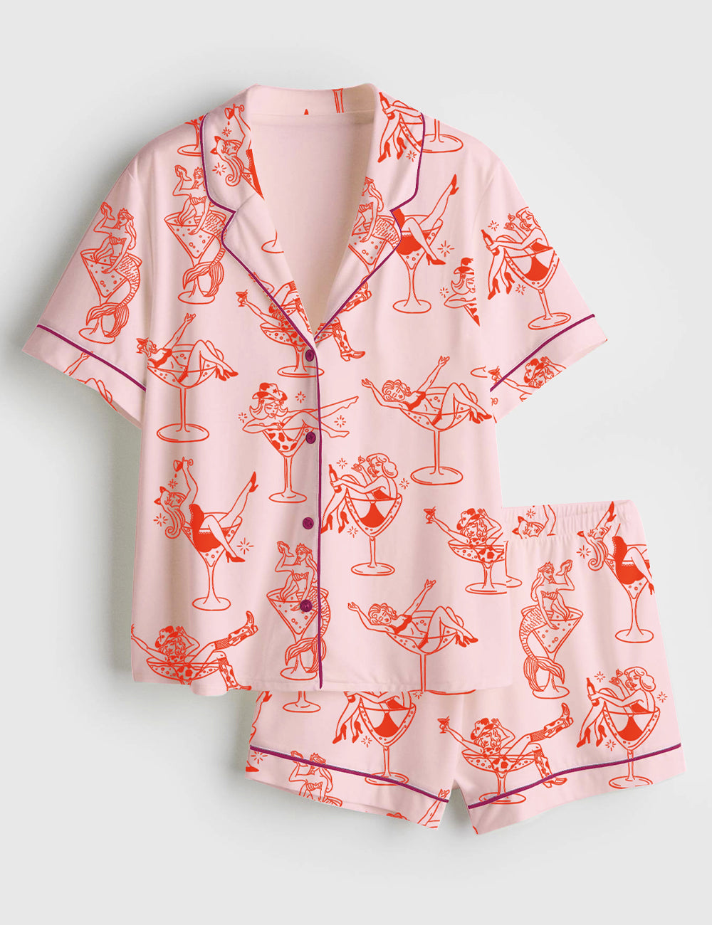 Women’s Cowgirl Girl Woman In Martini Glass Mermaid Catgirl In Glass Short Sleeve Satin Pajama Set