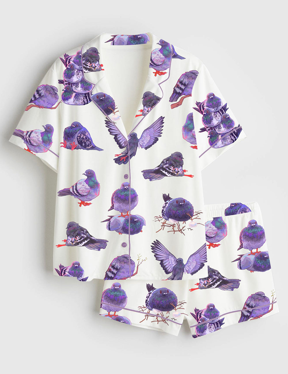 Women’s Pigeon Art Short Sleeve Satin Pajama Set