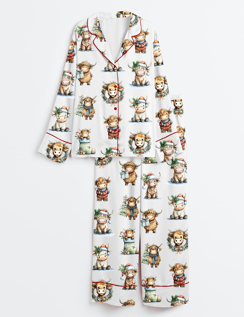 Women’s Christmas Highland Cow Watercolor Christmas Cow Long Sleeve Satin Pajama Set
