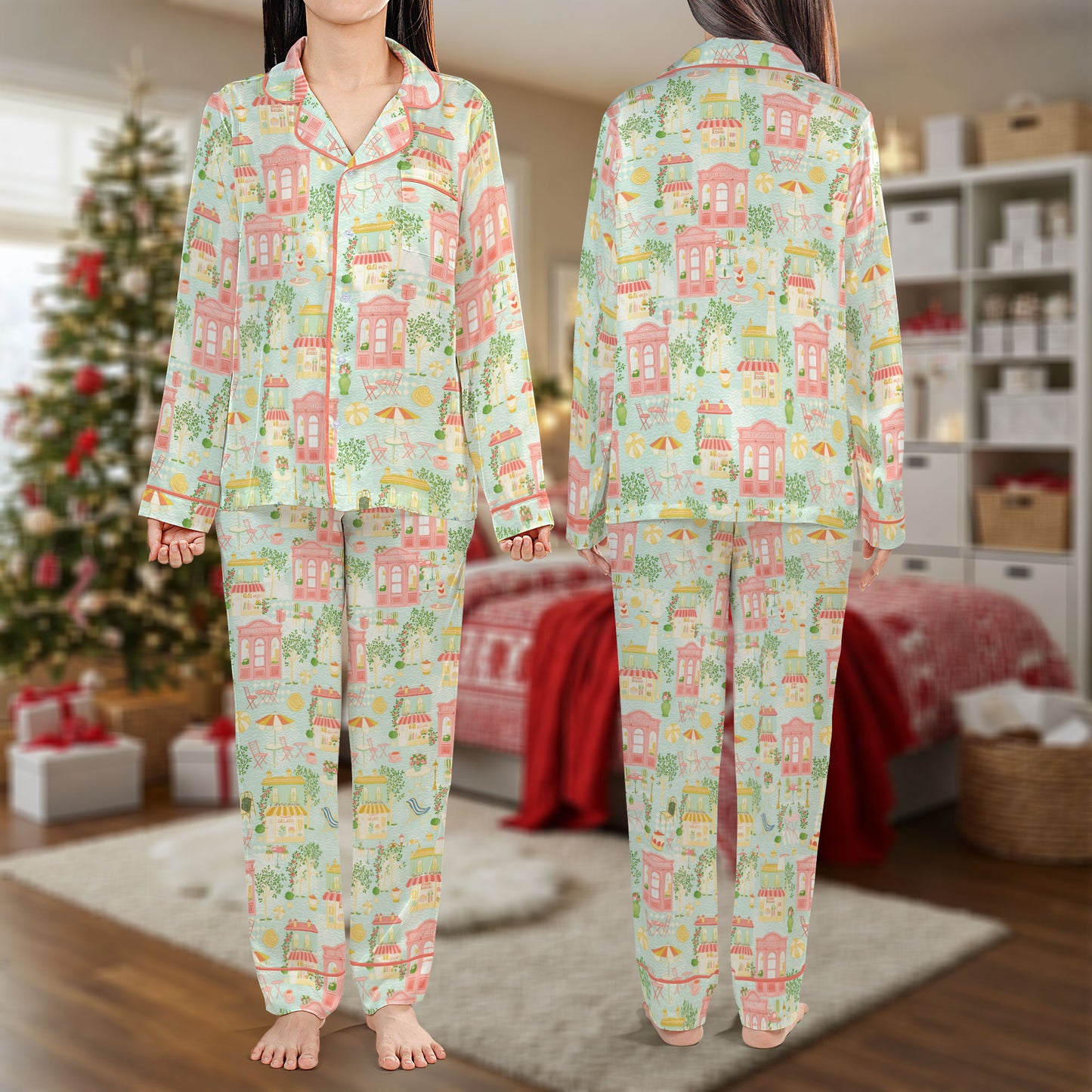 Pastel Christmas Village Pajama Set – Cute Holiday Pajamas | Cozy Pajama Gift Set, Family Pajamas for Women, Men, Kids & Youth, Winter Sleepwear HPRPJMADL-27