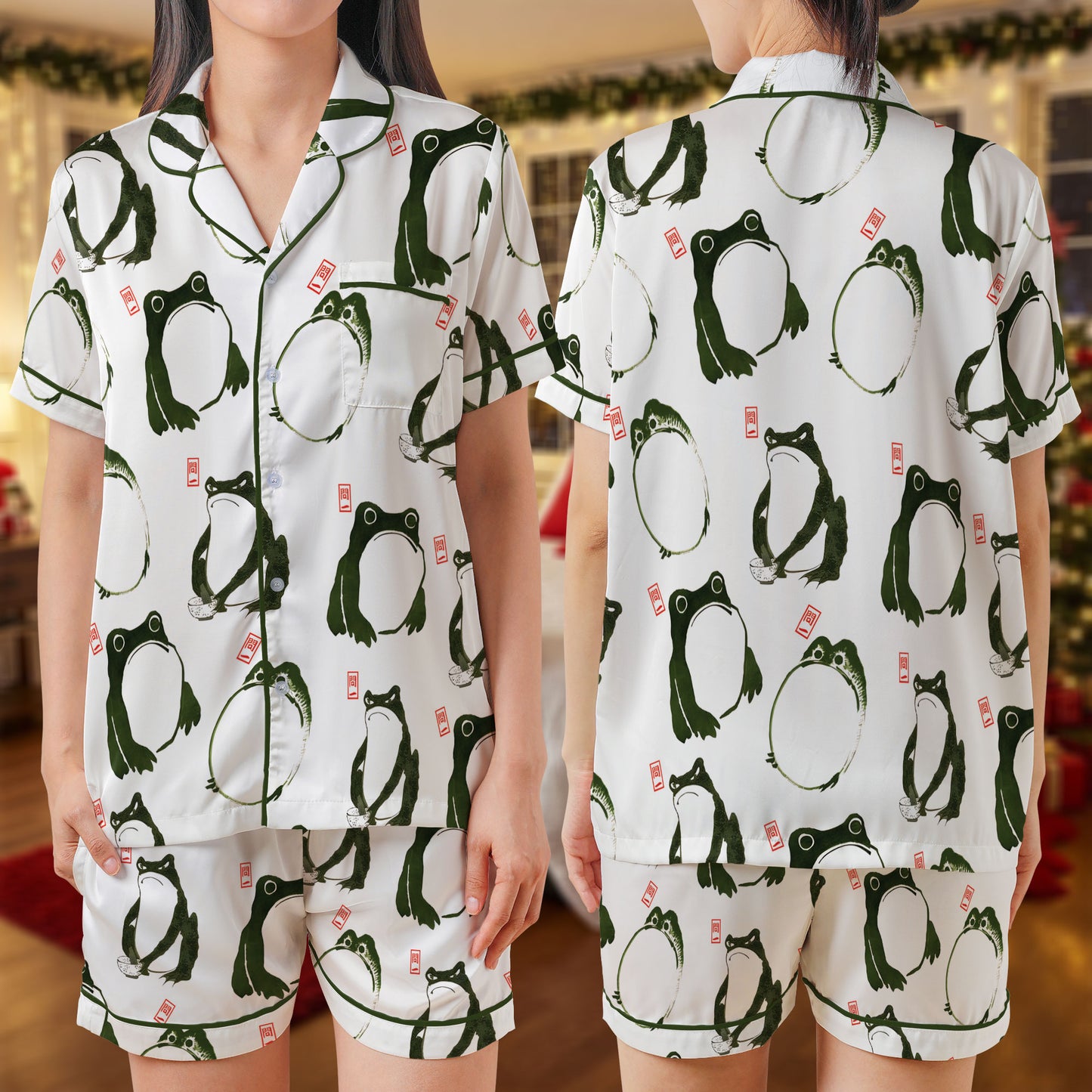 Japanese Frog Art Short Pajama Set – Minimalist Ink Painting Style Sleepwear | White & Green Kawaii Pajamas for Women, Men, and Kids, Matching Family Gift Set HPRPJMADS-15