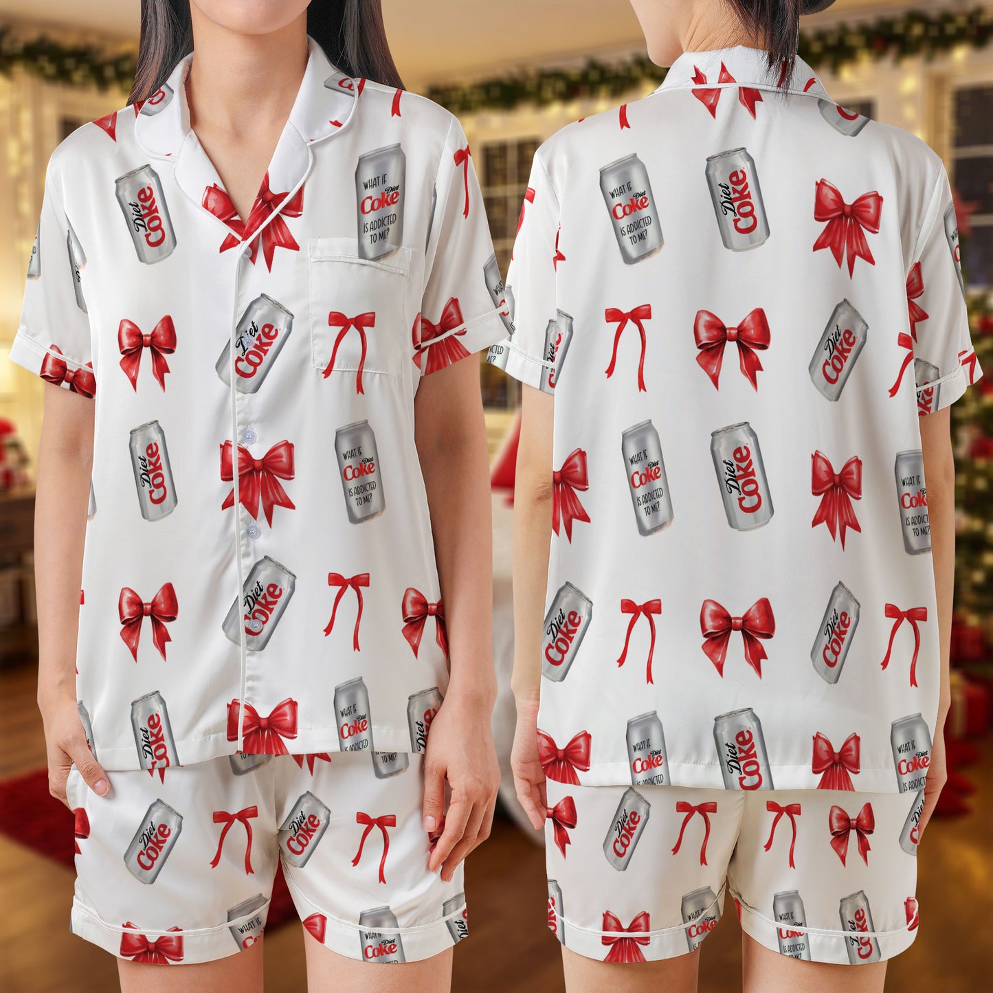Diet Coke Short Pajama Set – Fun Soda Can & Red Bow Print Sleepwear | White Satin PJs with Holiday Trim, Unisex Loungewear for Women, Men, Kids & Family Matching Set HPRPJMADS-21