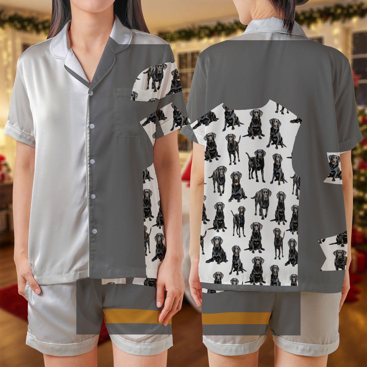 Grey Labrador Satin Short Pajama Set – Two-Tone Dog Print Sleepwear | Modern Silver and White Loungewear for Women, Men, Youth & Pet Lovers, Matching Family PJs HPRPJMADS-24