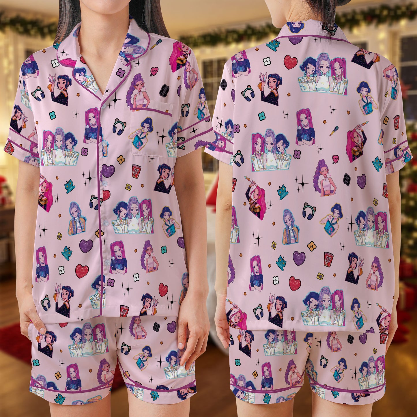 K-Pop Girl Group Satin Short Pajama Set – Pink Music Lover Sleepwear | Anime-Style Pop Star Print PJs for Women, Men, Kids & Matching Family Outfits HPRPJMADS-28