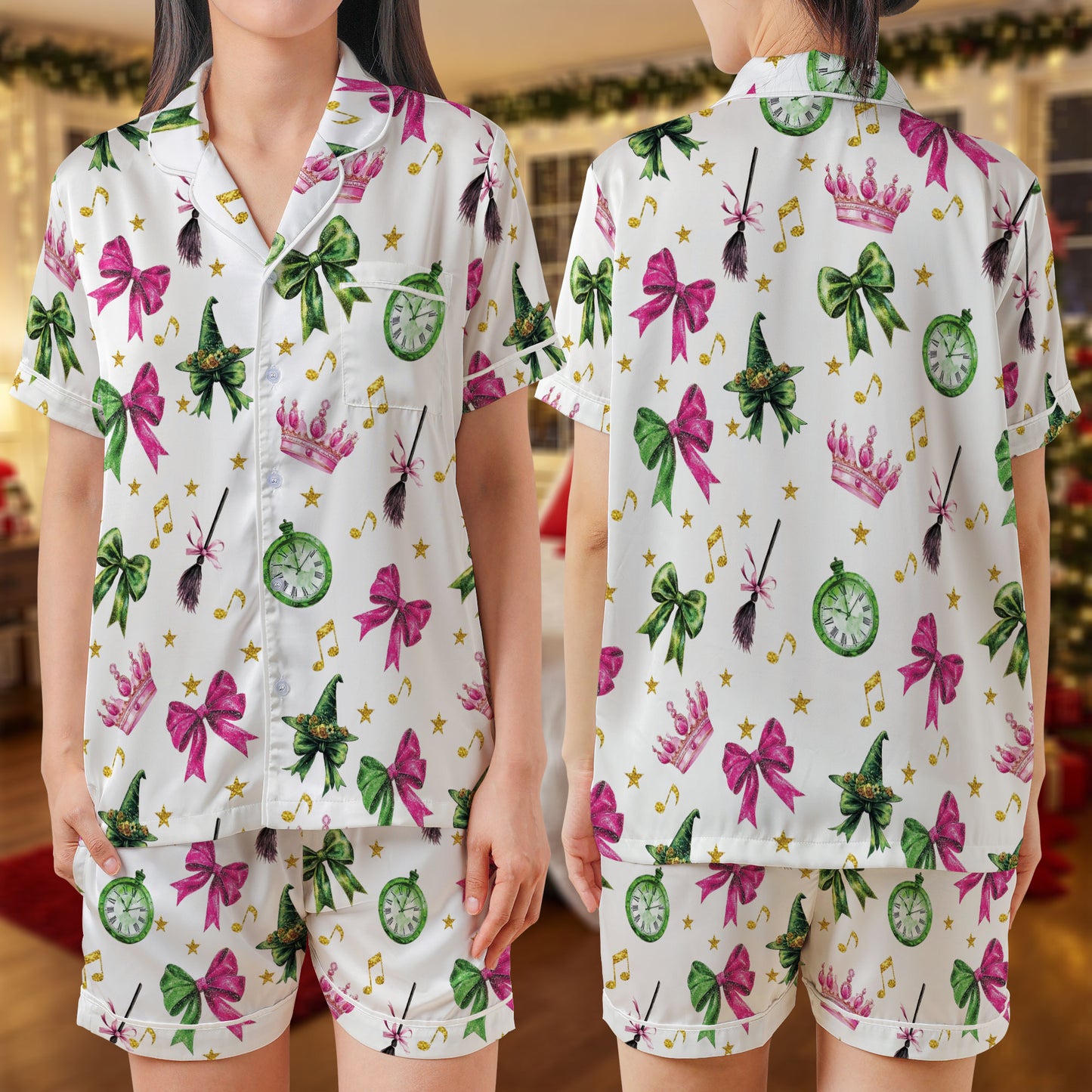 Magical Bow & Witch Charm Satin Pajama Set – Enchanted Print Sleepwear with Crowns, Clocks & Stars | White Short Sleeve Loungewear for Women & Youth HPRPJMADS-37