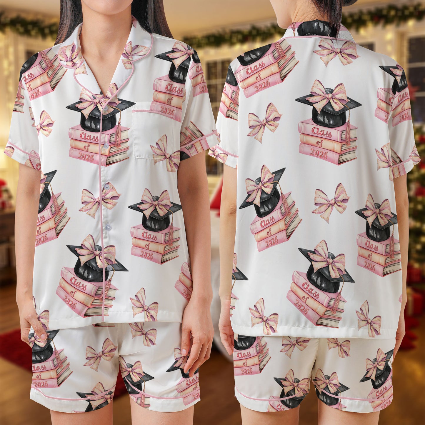 Class of 2026 Graduation Satin Pajama Set – Pink Books & Cap Print Sleepwear | White Short Sleeve Loungewear with Bows for Seniors & Grads HPRPJMADS-41
