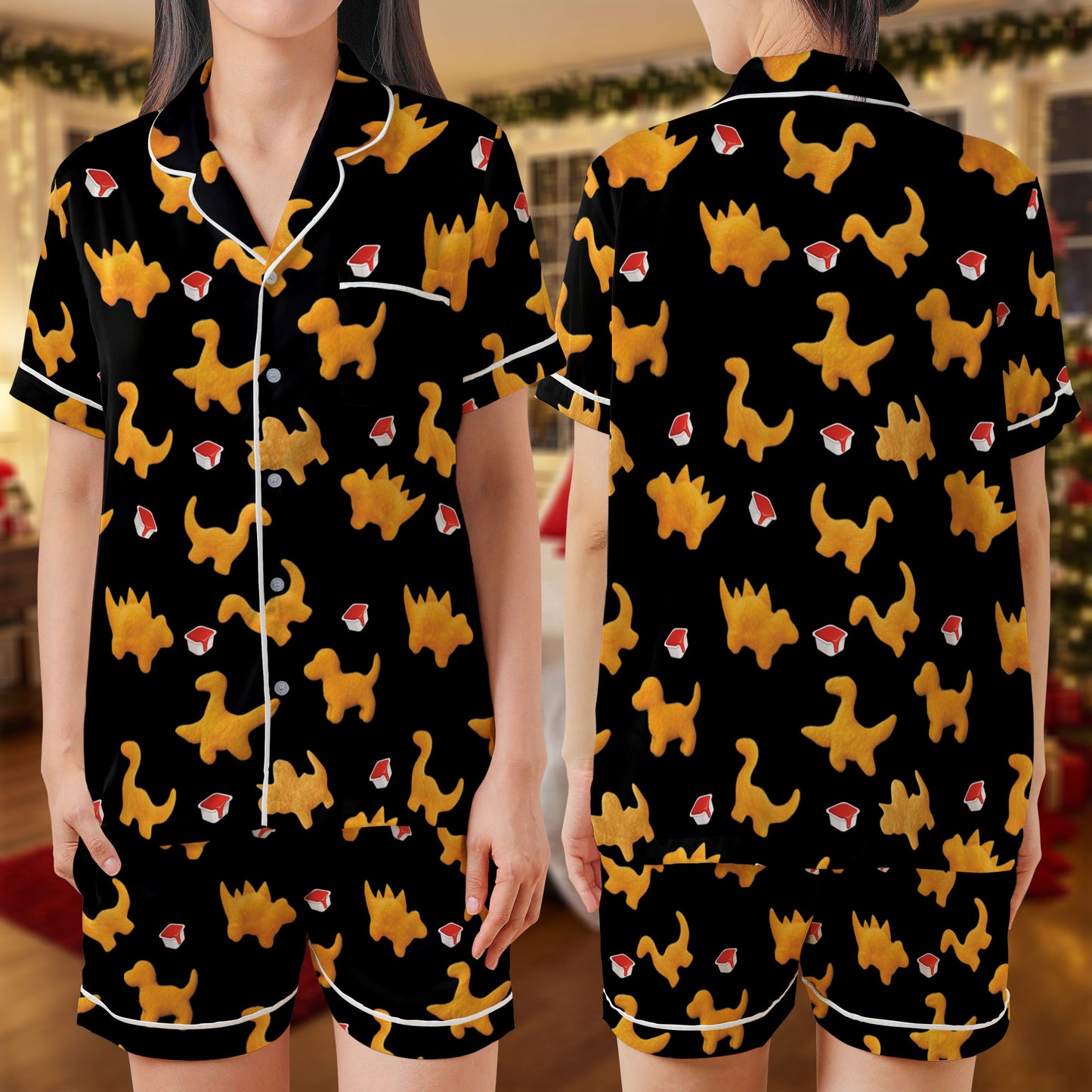 Dino Nugget Satin Pajama Set – Fun Chicken Nugget Print Sleepwear | Black Short Sleeve Loungewear with White Piping for Food Lovers HPRPJMADS-44
