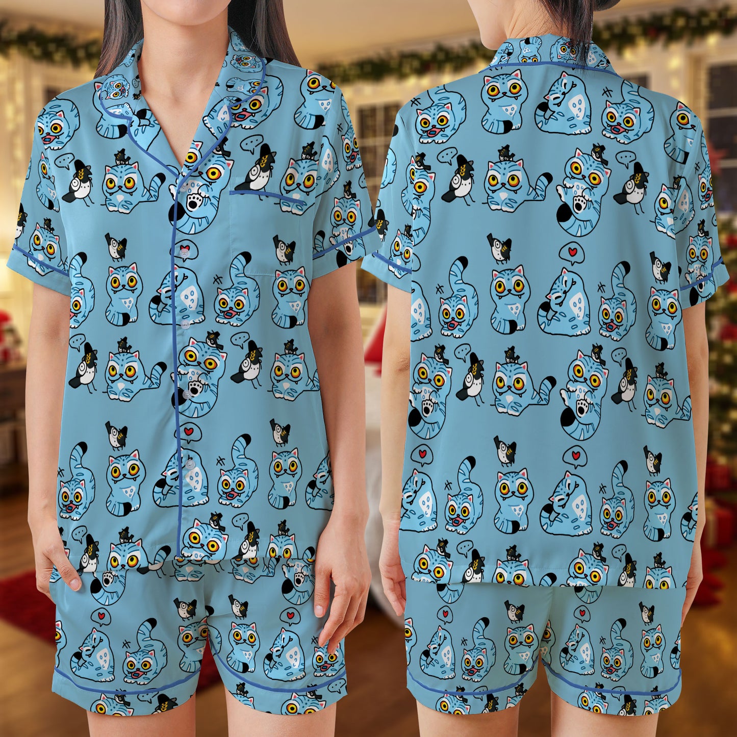 Funky Cat & Owl Satin Pajama Set – Blue Sleepwear with Playful Cartoon Cats and Owls | Whimsical Short Sleeve Satin Loungewear for Women & Teens HPRPJMADS-61