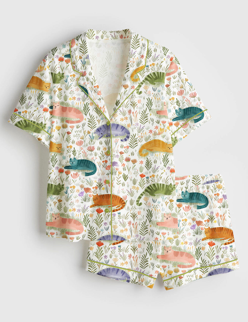 Women’s Cat Flower Cat Lover Short Sleeve Satin Pajama Set