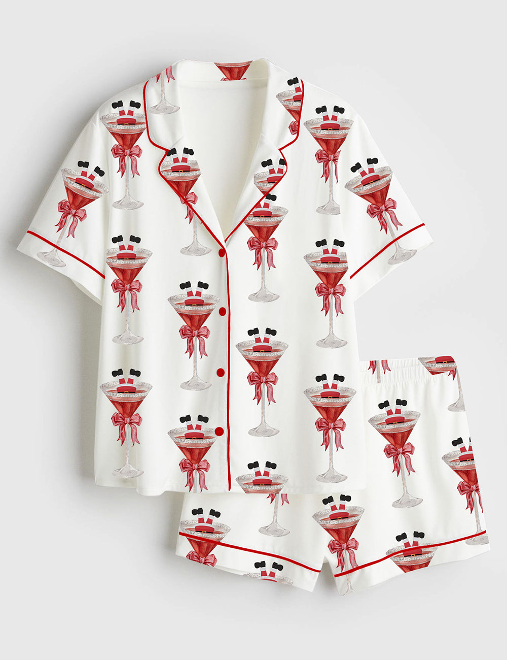 Women’s Christmas Martini Santa Bow Martini Drink Short Sleeve Satin Pajama Set
