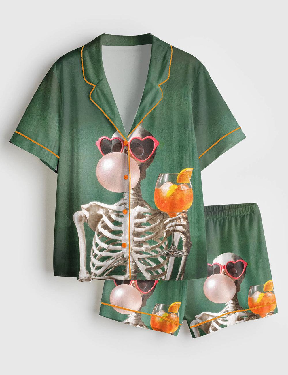 Women’s Summerween Skeleton Spooky Cocktail Halloween Short Sleeve Satin Pajama Set