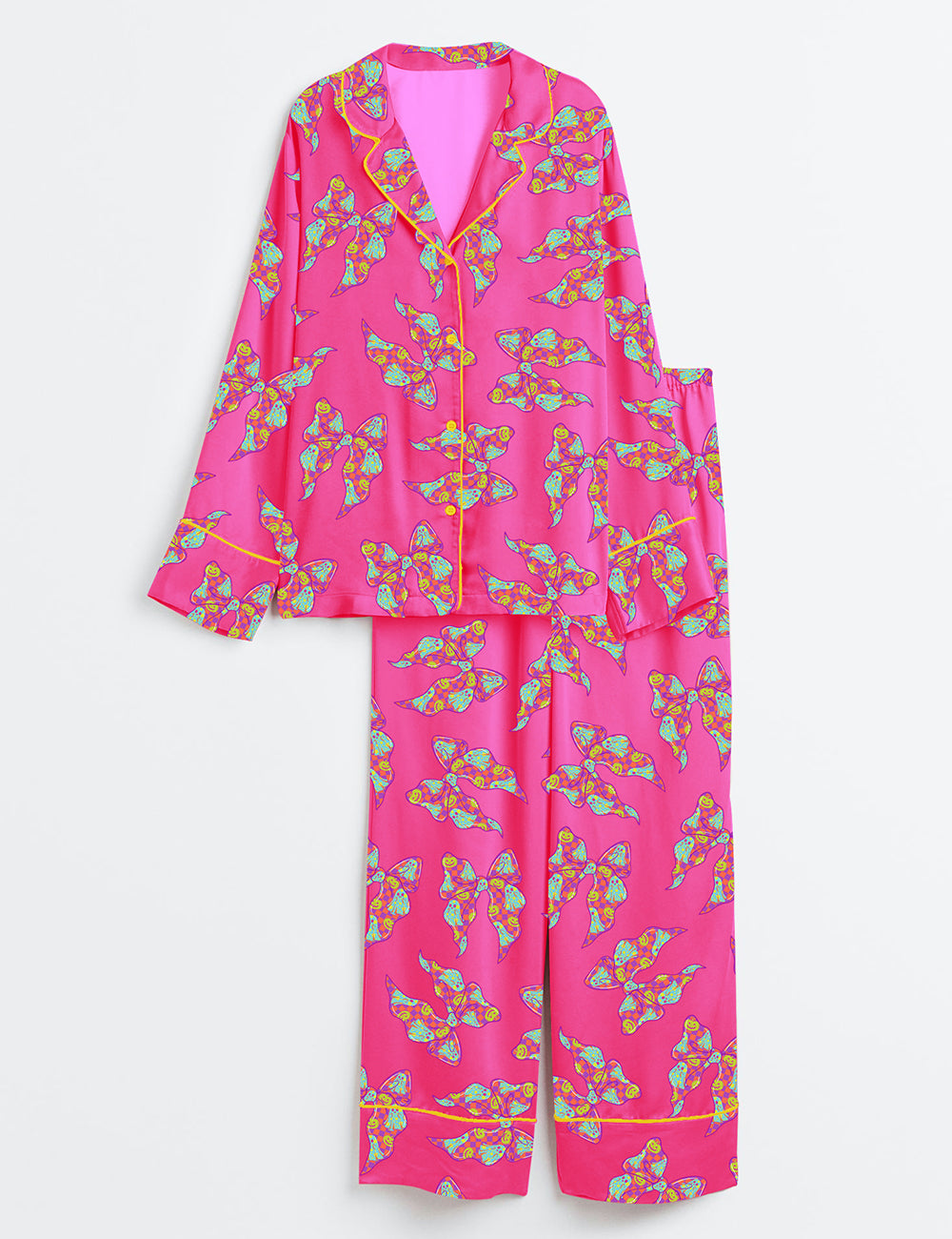 Women’s Halloween Neon Ghost Coquette Girly Pastel Pink Ghost Bow Checkered Spooky Season Print Long Sleeve Satin Pajama Set