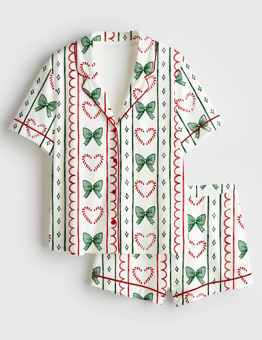 Women’s Christmas Candy Cane Stripes And Coquette Bows Short Sleeve Satin Pajama Se