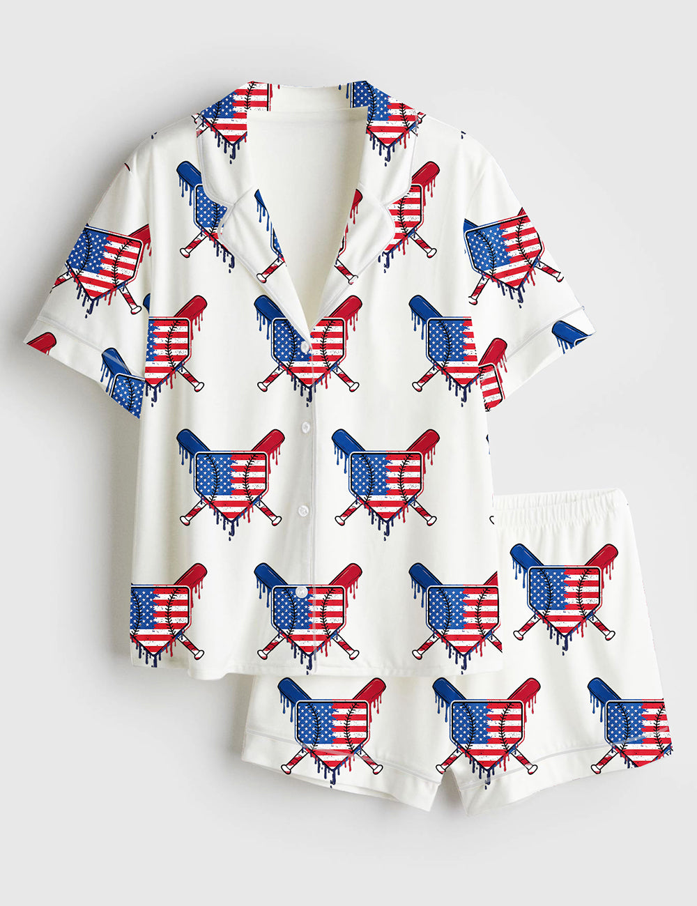 Women’s Baseball Drip Boys Ice Cream Patriotic American Flag 4th Of July Baseball Print Short Sleeve Satin Pajama Set