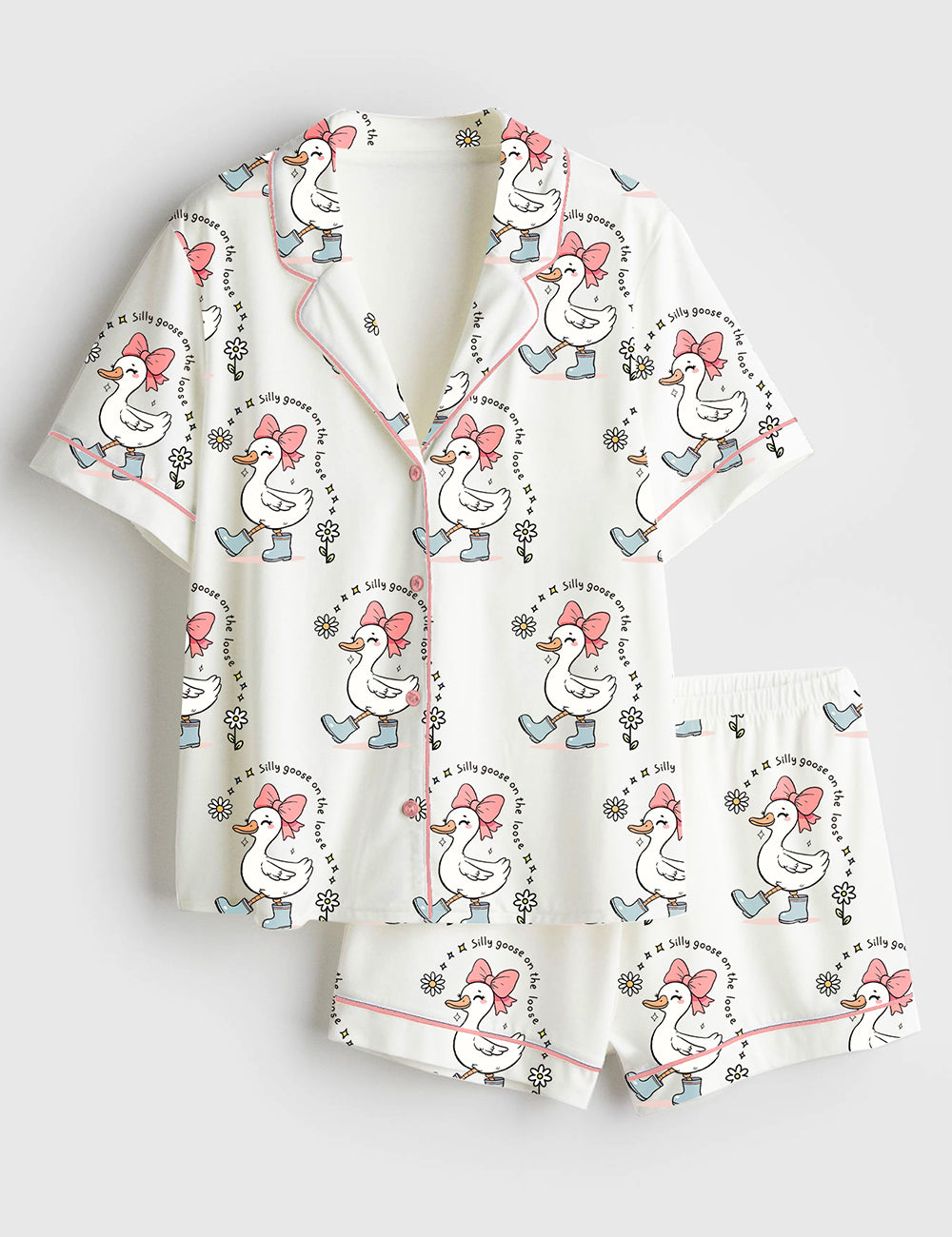 Women’s Silly Goose On The Loose Funny Farm Animal Print Short Sleeve Satin Pajama Set
