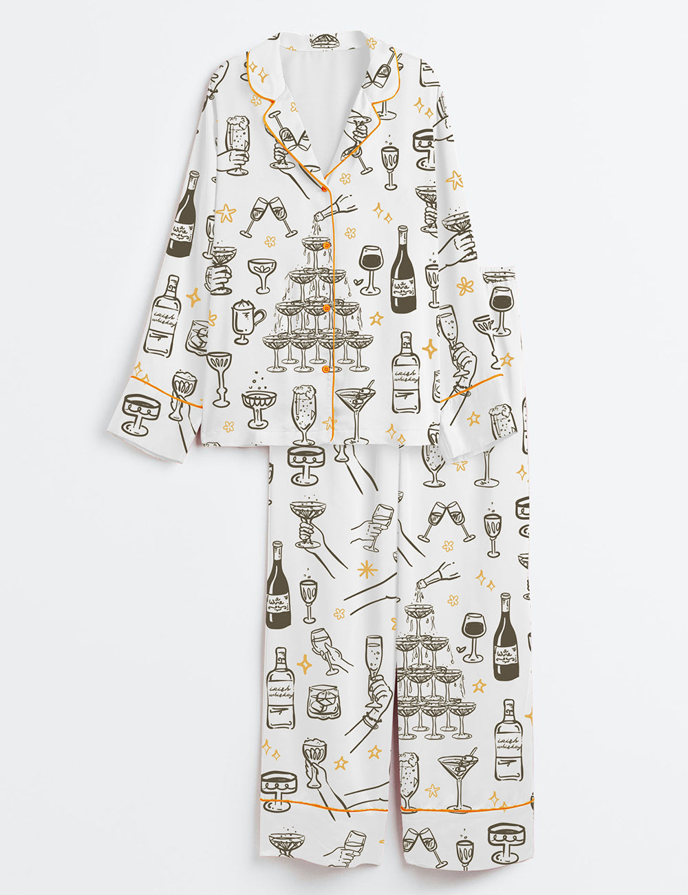 Women’s Whimsical Cheers Drinks And Cocktails Chamagne Tower Raised Glasses Long Sleeve Satin Pajama Set