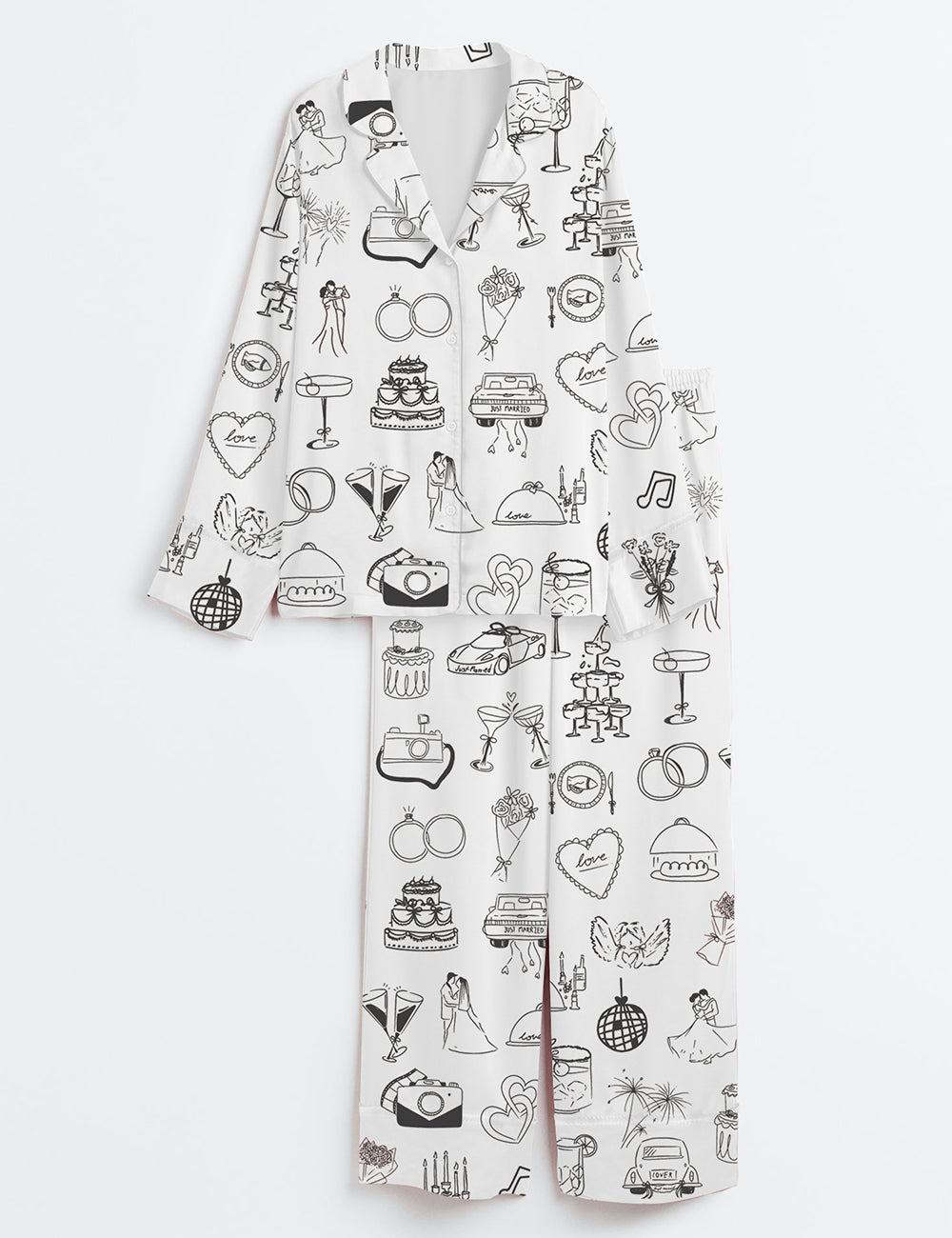 Women’s Whimsical Hand Drawn Wedding Timeline Icons Champagne Wedding Print Long Sleeve Satin Pajama Set
