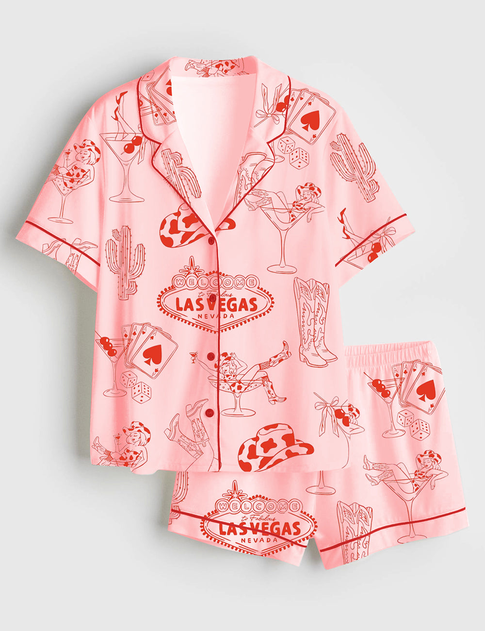 Women’s Hand Drawn Western Disco Cowgirl Boots Texas Las Vegas Bachelorette Party Print Short Sleeve Satin Pajama Set