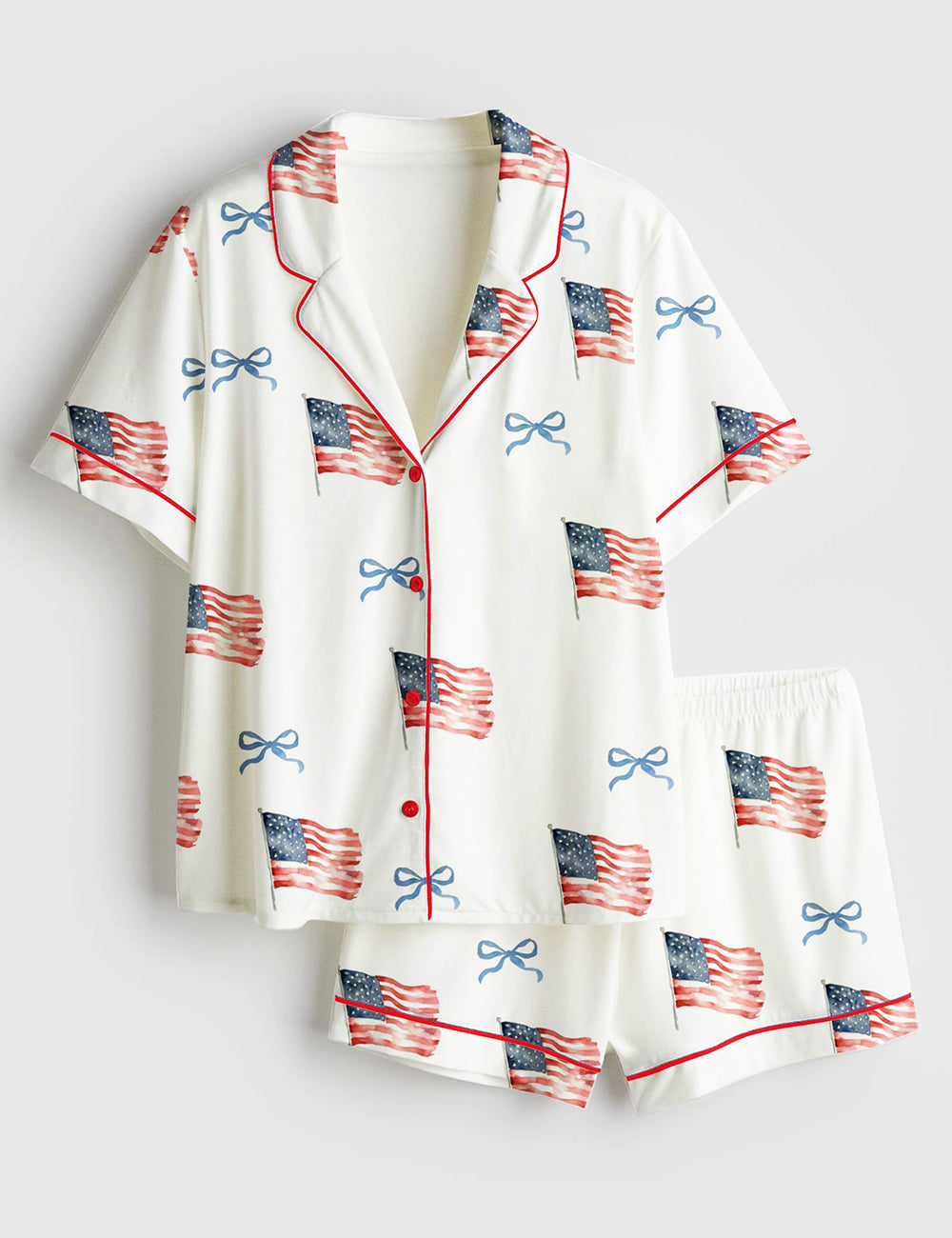 Women’s Coquette Bow America Flag 4th Of July Short Sleeve Satin Pajama Set
