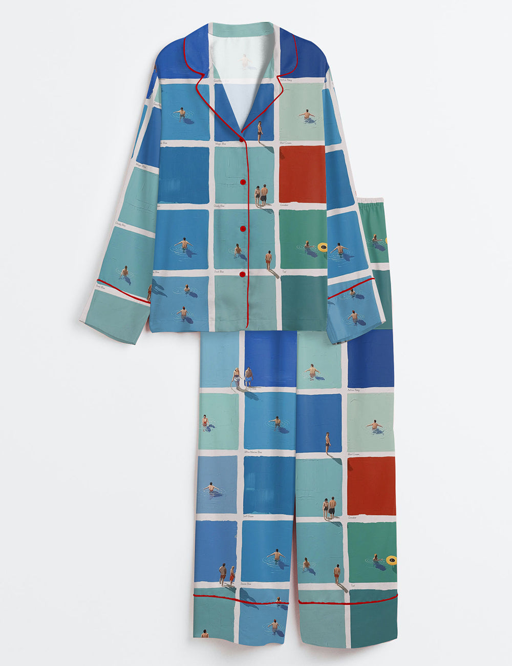 Women’s Surreal Summer Swimmers Art Tiny People Long Sleeve Satin Pajama Set