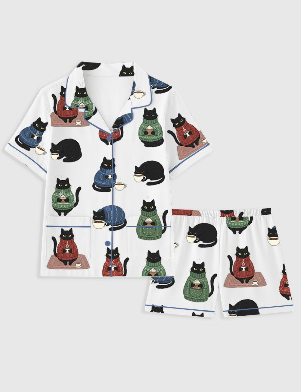 Women's Black Cat Wears Christmas Sweater And Drinking Coffee Short Sleeve Pocket Cotton Family Pajama Set