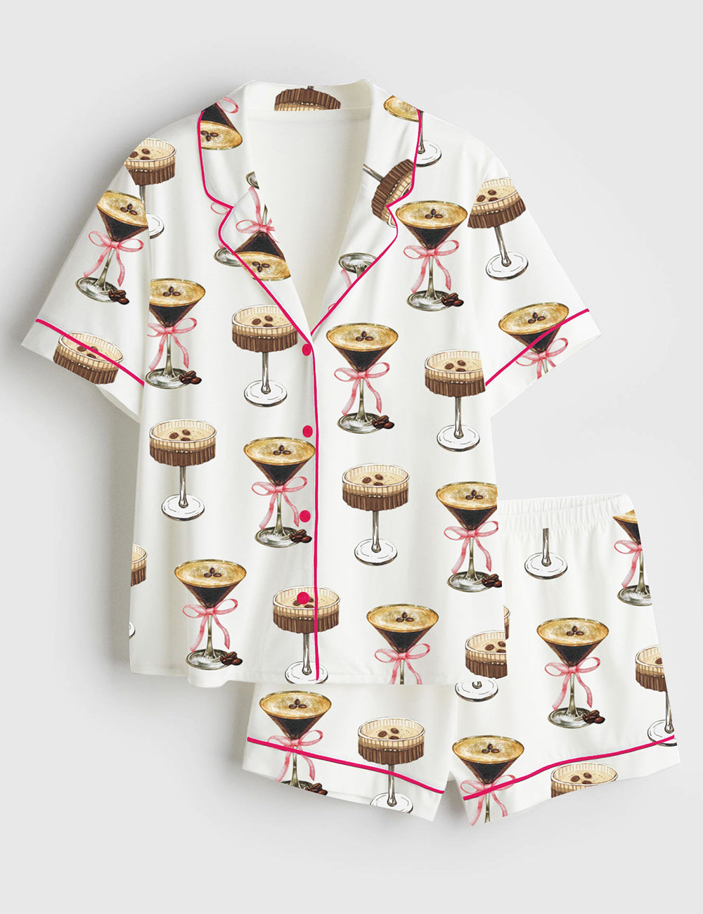 Women's Espresso Martini Pink Bow Short Sleeve Satin Pajama Set
