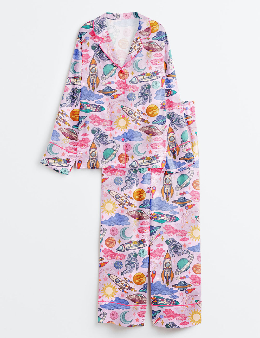 Women's Rocket Man Space Long Sleeve Satin Pajama Set