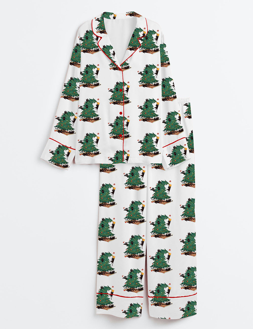 Women’s Vintage Christmas Tree And Cat Cute Cat Lover Long Sleeve Satin Pajama Set