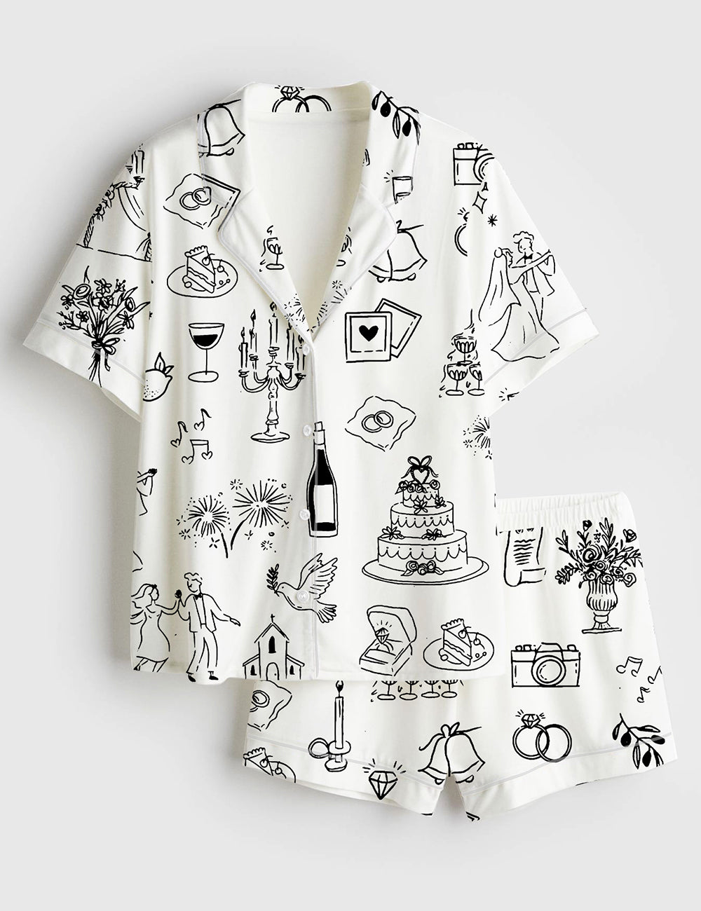 Women’s Hand Drawn Wedding Timeline Wedding Icons Champagne Print Short Sleeve Satin Pajama Set