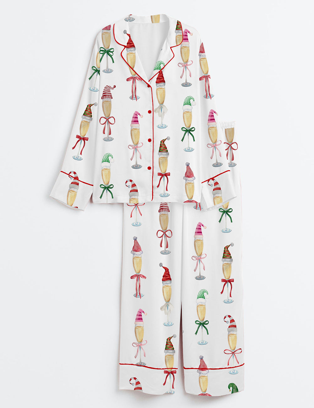 Women’s Christmas Champagne Santa Bow Drink Long Sleeve Satin Pajama Set