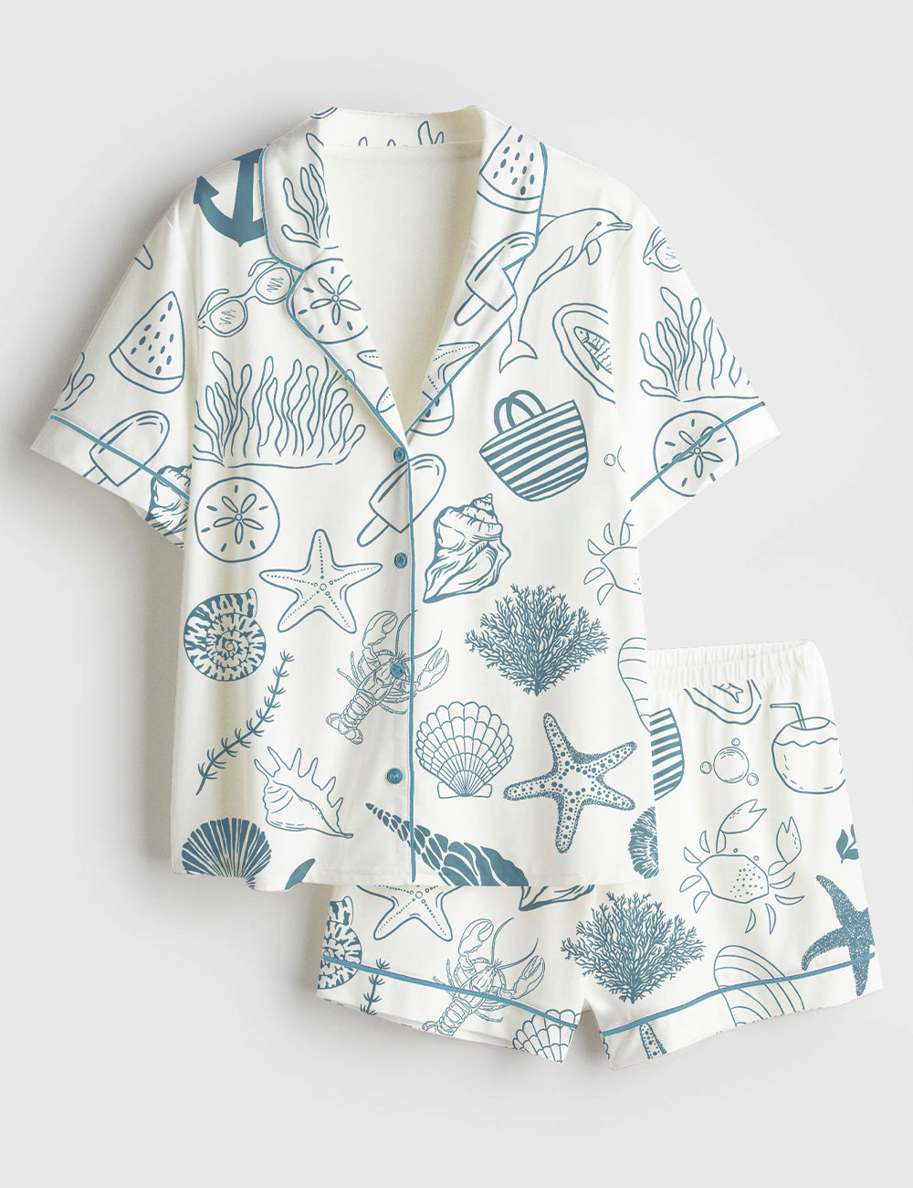 Women’s Coastal Hand Drawn Beach Ocean Elements Summer Nautical Print Short Sleeve Satin Pajama Set