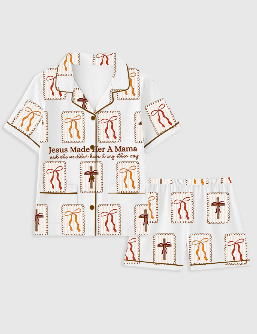 Women's Coquette Christian Mama Fall Jesus Made Her A Mama Short Sleeve Pocket Cotton Pajama Set